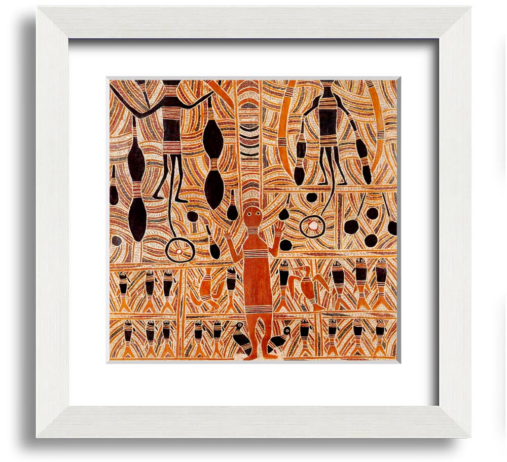 Aboriginal Marika Mathaman Square Framed Print showcasing vibrant colors and intricate designs, framed in a stylish border.